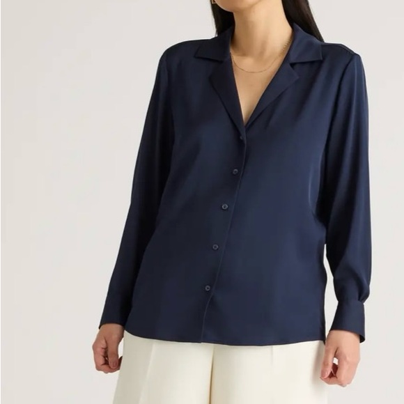 Quince Tops - Quince Stretch Silk Notch Collar Blouse, NAVY XS